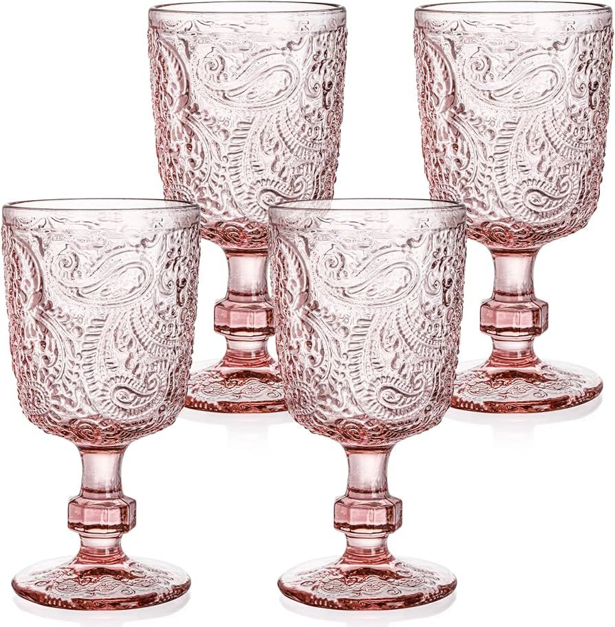 Tebery 4 Pack Pink Glass Wine Goblet Vintage, 10oz Colored Beverage Stemmed Glass Cups, Embossed ... | Amazon (US)