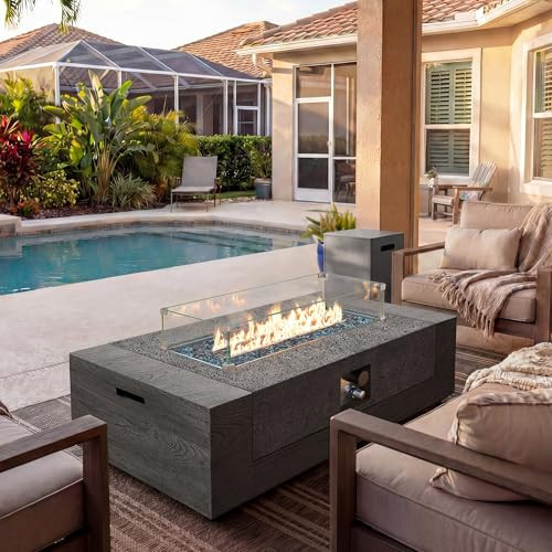 UPHA 50-inch Outdoor Patio Propane Gas Fire Pit Table 50000 BTU Concrete Round Firepit with ABS Tank Hidden Table, Wind Guard, Blue Glass Rocks, Rain Cover, Gray Wood Finish | Amazon (US)