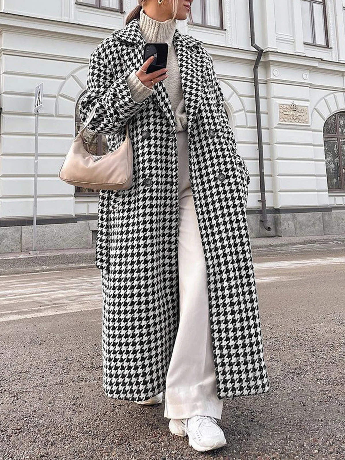 Oversized Houndstooth Tweed Trench Coat | Commense