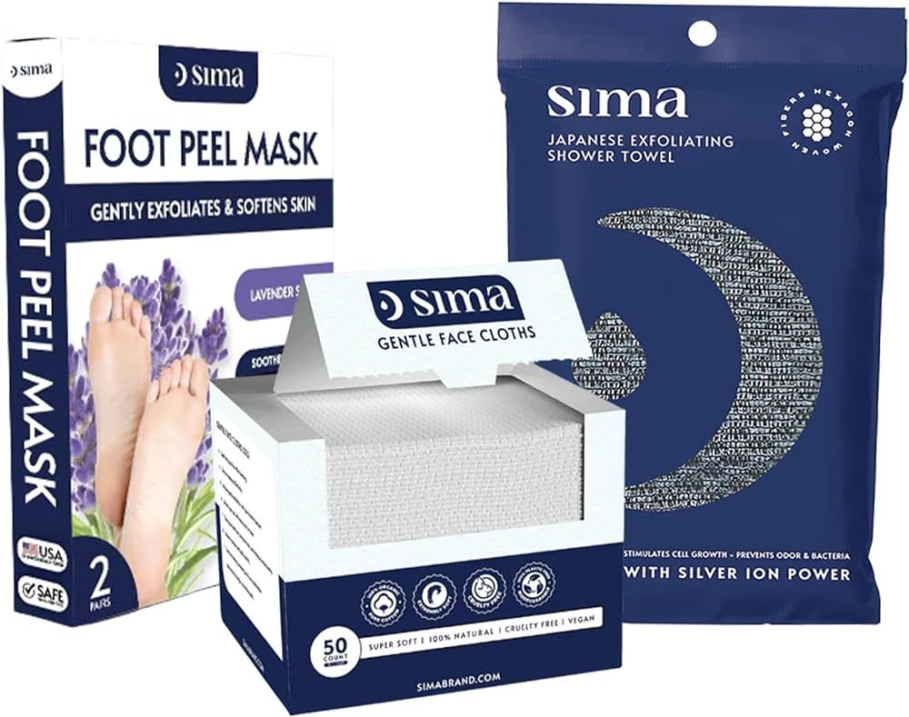 Sima Brand - Bundle - Exfoliating Face & Body Scrub Towel + Foot Peel Mask + Disposable Face Towe... | Amazon (US)