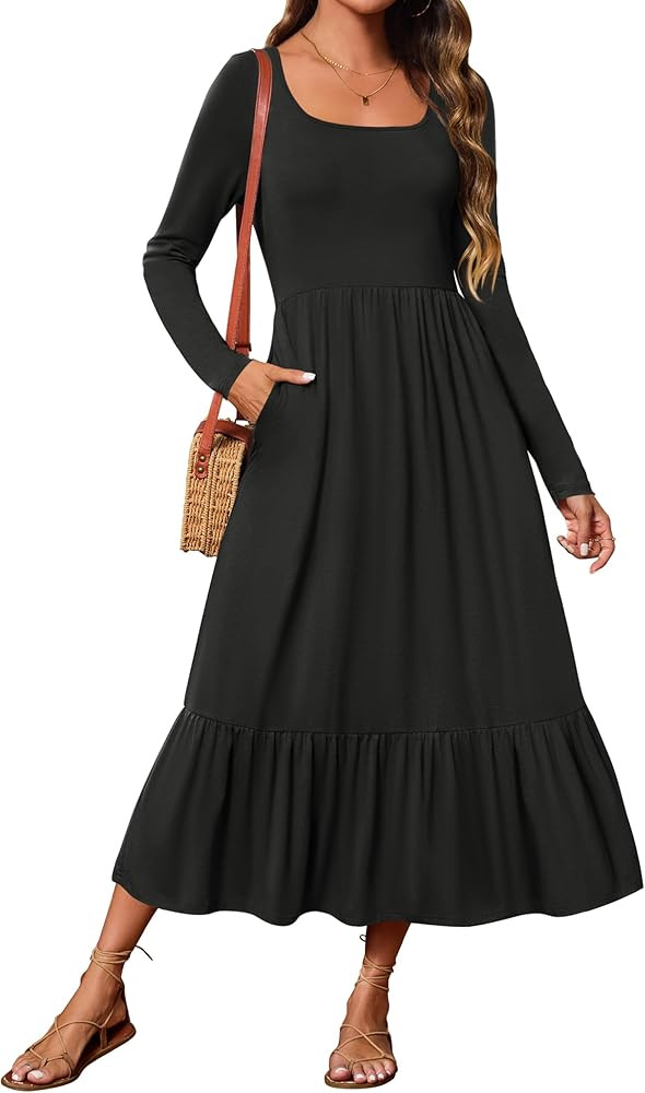ZESICA Women's 2023 Fall Dresses Long Sleeve Square Neck Casual Pleated Tiered Swing Maxi Dress w... | Amazon (US)