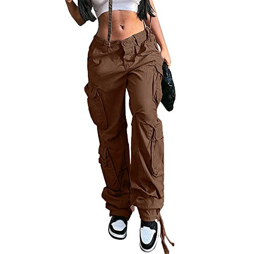 QYANGG Baggy Cargo Pants Women High Waist Pants for Women Loose Pocket Jogger Straight Wide Leg Y2K Cargo Pants Brown | Amazon (US)