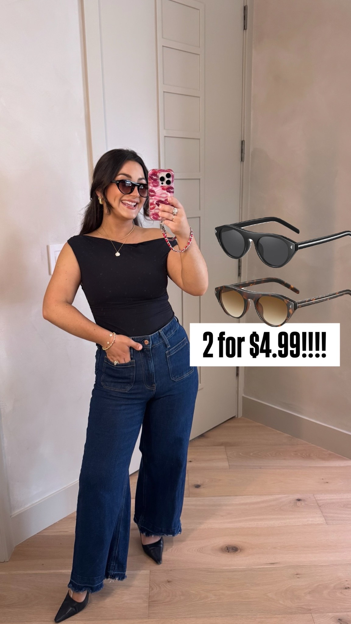 SUNNIES USE CODE: YWQRLJ6J
(Only works on pack of black and tortoise) 

Top size small
Jeans size 28petite 

5’0” 140lbs

#LTKootd #LTKSaleAlert #LTKPetite