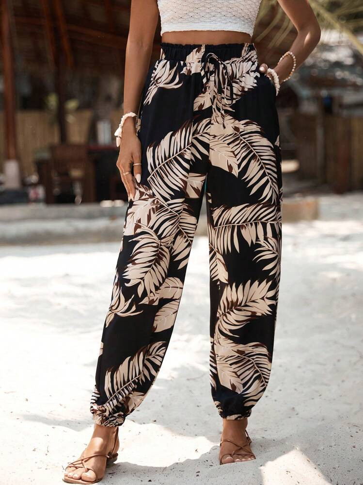 EMERY ROSE Tropical Print Paperbag Waist Belted Pants Fall Cloth For Women | SHEIN