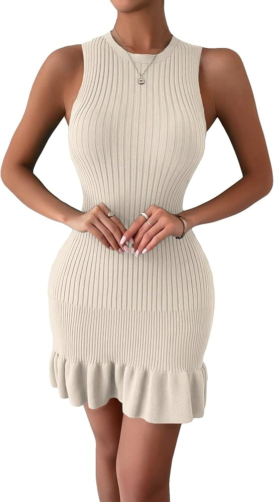 SOLY HUX Women's Sexy Sleeveless Bodycon Dress Ruffle Hem Ribbed Knit Sweater Slim Fit Ruched Str... | Amazon (US)