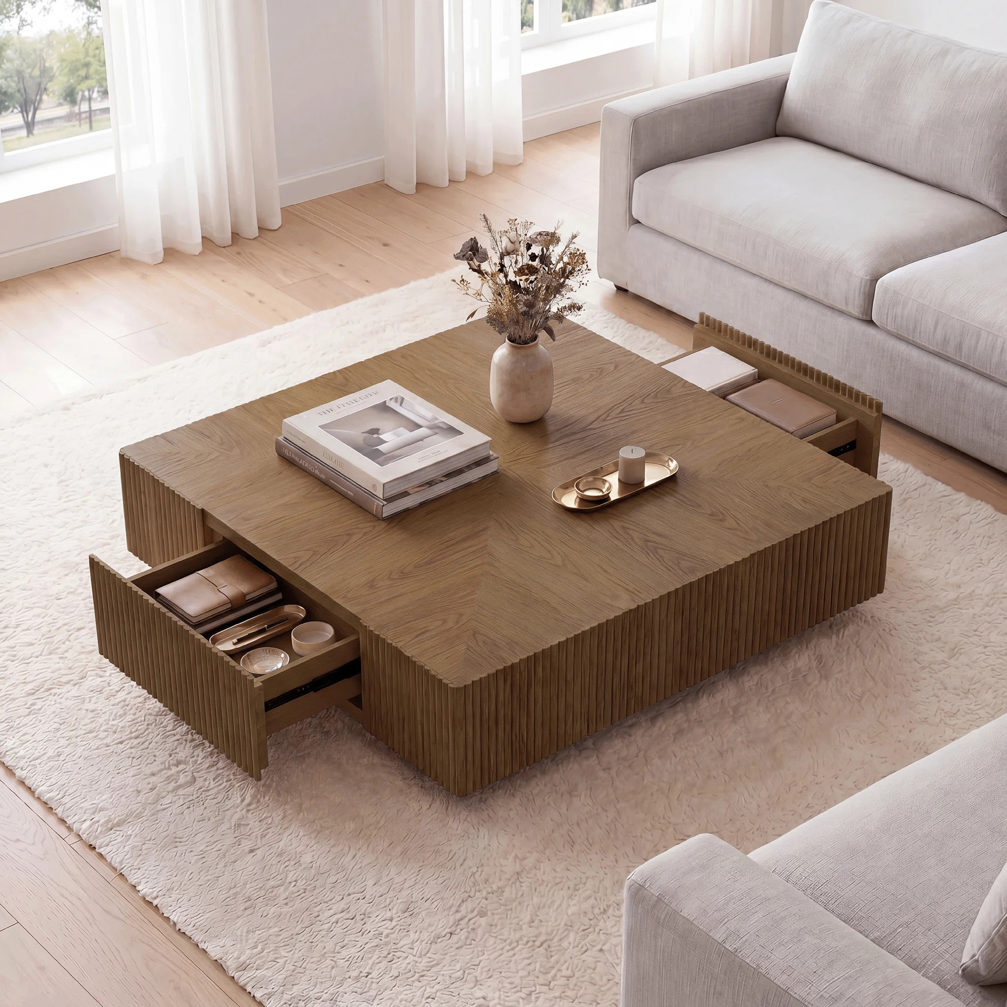 31.5 Inch Solid Wood Square Coffee Table With 2 Drawers, Handcrafted Ash & Oak Fluted Design | Wayfair North America