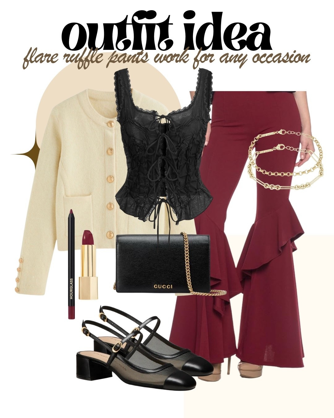 Hello, showstopper #OutfitIdea! ✨

These flare ruffle pants are not just a statement; they truly work for ANY occasion! Paired with a chic lace top, a cozy cardigan, and stylish slingbacks, this look transitions effortlessly from a dinner out to a festive gathering. Which piece is your favorite?

#FlarePants #RufflePants #VersatileFashion #OccasionWear #ElevatedStyle #FashionInspo #LaceTop #CardiganStyle #Slingbacks #GucciBag #HourglassMakeup #StyleBoard #OutfitGoals #ShopTheLook #LTKfashion #LTKstyletip #HolidayOutfit

#LTKHoliday #LTKootd #LTKOver40
