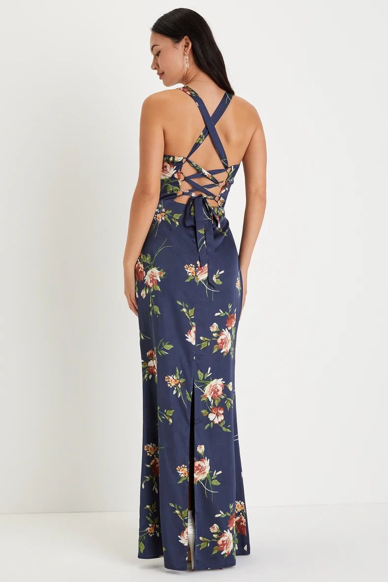 Blooming So Sweetly Navy Blue Floral Satin Lace-Up Maxi Dress | Lulus