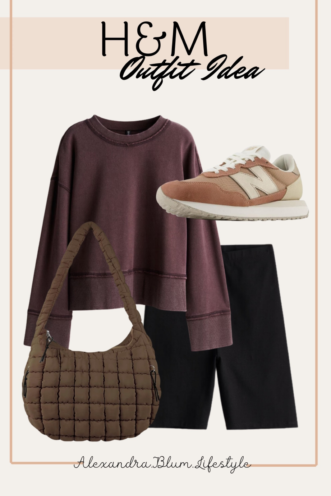 Casual outfit idea from H&M! Oversized relaxed sweatshirt and bike shorts! Puff bag and retro new balance sneakers! 

#LTKFindsUnder50 #LTKItBag #LTKFindsUnder100
