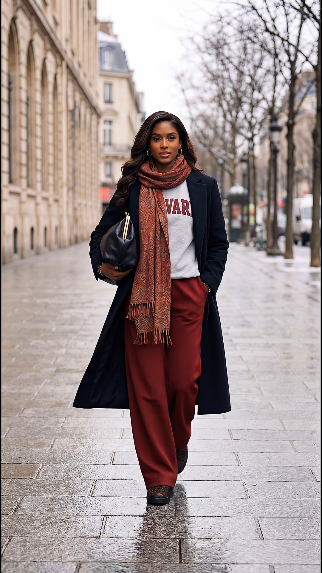 Parisian chic meets everyday polish 🤍A classic Harvard sweatshirt outfit styled for real life with a tailored black coat, burgundy wide-leg trousers, and a paisley scarf for warmth and texture. Finished with leopard print clogs for a bold yet comfortable statement and a structured black handbag for effortless sophistication.This is my go-to elevated casual look for travel days, city walks, coffee meetings, and cool-weather errands. Think quiet luxury, European street style, and comfortable fashion for women who still want to look put together.✨ Perfect for: fall outfits, winter layering, travel outfits, smart casual looks, chic everyday style.

#LTKootd #LTKTall #LTKU
