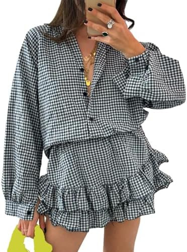 Women Pajamas Set 2 Piece Beach Outfits Long Sleeve Button Plaid Tops and Tiered Ruffle Skirted S... | Amazon (US)