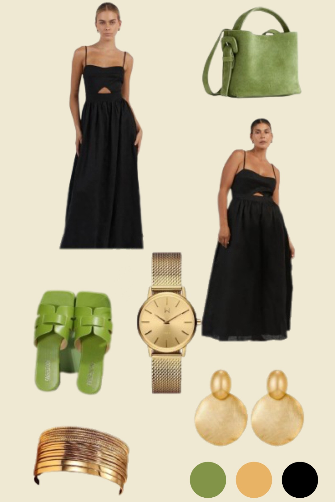 Harper black linen midi dress, dissh dress, date night dress, summer date, green sandals gold jewelry, gold watch, gold earrings, green bag, arket green Swede bag.

#LTKstyletip #LTKeurope #LTKFind