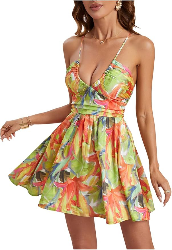 MakeMeChic Women's Boho Floral Summer Dress Criss Cross High Waisted V Neck Sleeveless Short Sund... | Amazon (US)