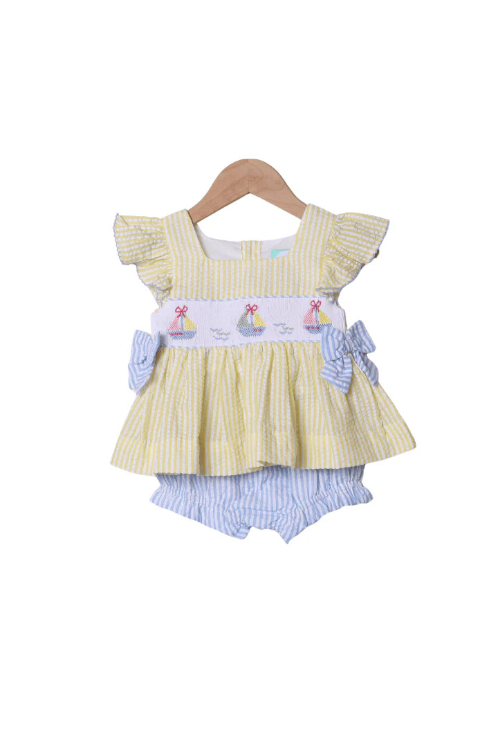 Smocked Sailboat Blue/Yellow Ruffle Bloomer Set | The Smocked Flamingo