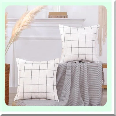 Neutral Boho Farmhouse Plaid Pillow Covers - Set of 2 Checkered Linen Decorative Cushion Cases for Couch and Bed - Beige Cream with Stripes -Square | Wayfair North America