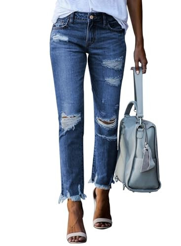 Sidefeel Women's Jeans Distressed Boyfriend Ripped Straight Leg Denim Pants Size 14 Blue | Amazon (US)