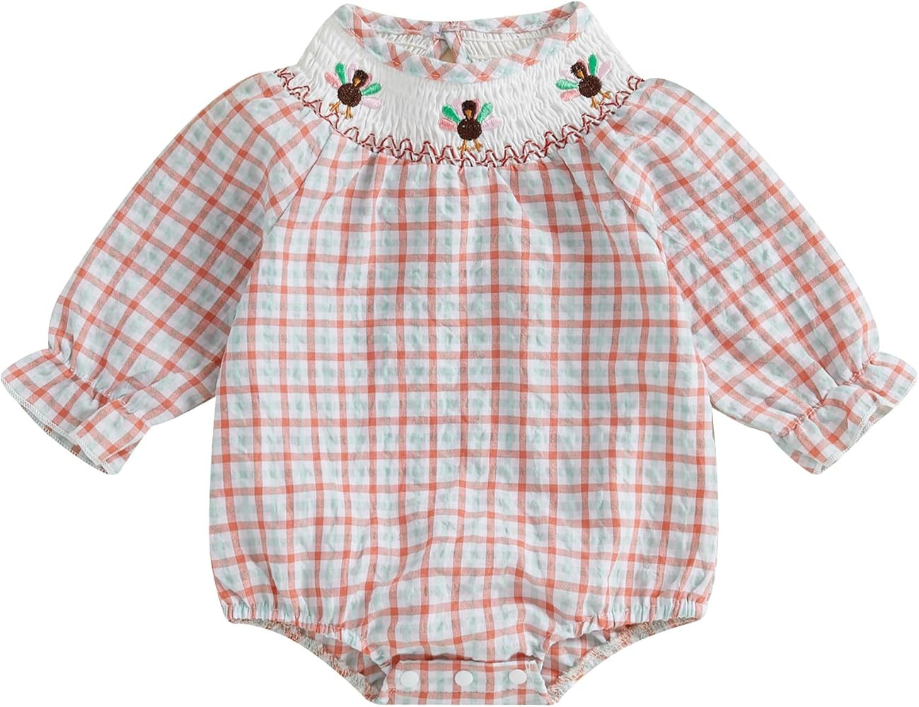 Infant Baby Girl Thanksgiving Romper Plaid Turkey Embroidery Long Puff Sleeve Smocked Romper Cott... | Amazon (US)