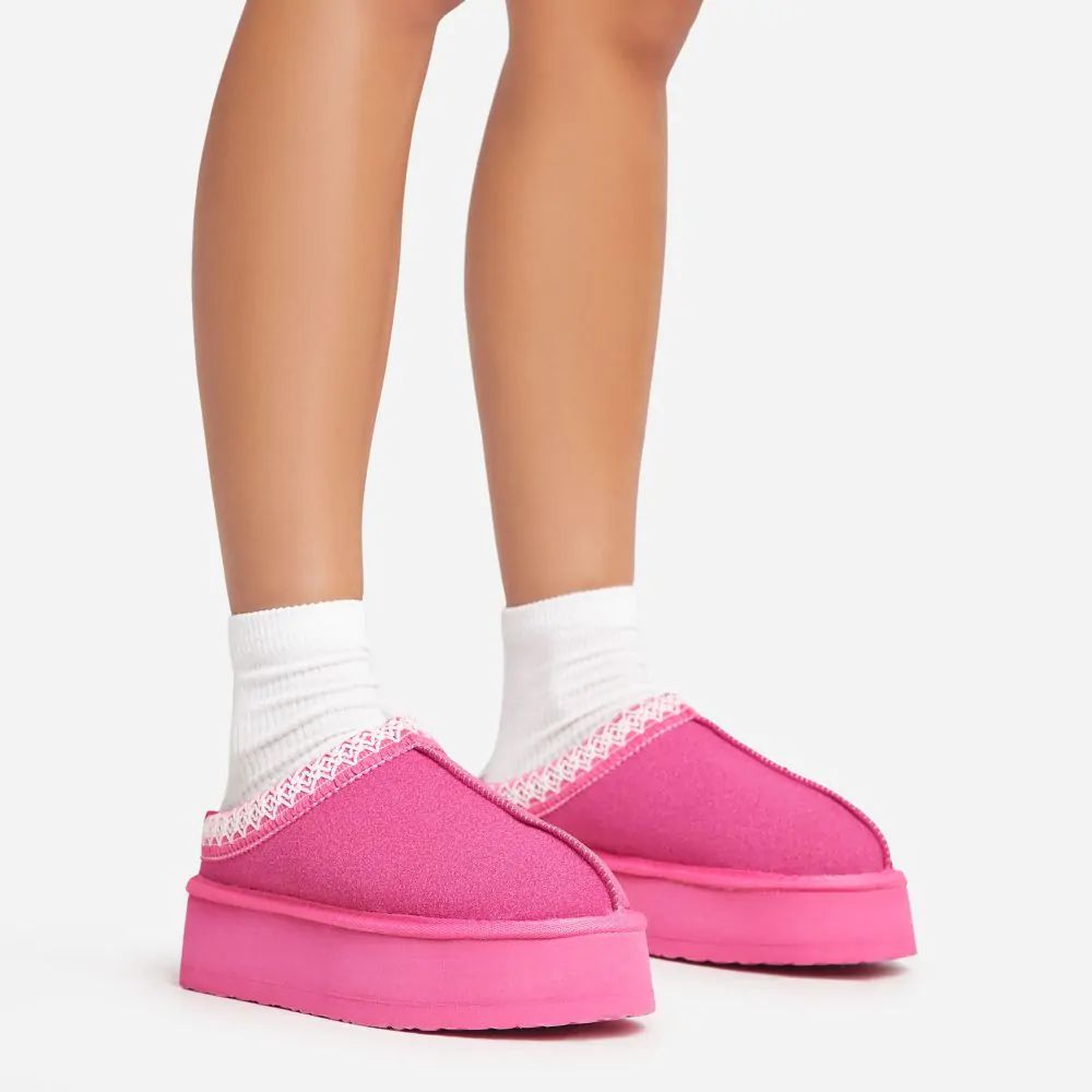 Tazmin Aztec Detail Faux Fur Lining Platform Slipper In Pink Faux Suede | EGO Shoes (US & Canada)