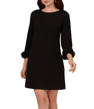 Adrianna Papell Crepe Shift Boat Neck 3/4 Sleeve 3-D Flower Cuff Mini Dress | Dillard's | Dillard's