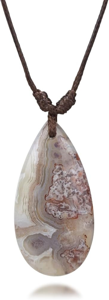 Mexican Agate Necklace, Natural Agat Teardrop Gemstone Pendant Necklace for Women, Adjustable Lea... | Amazon (US)