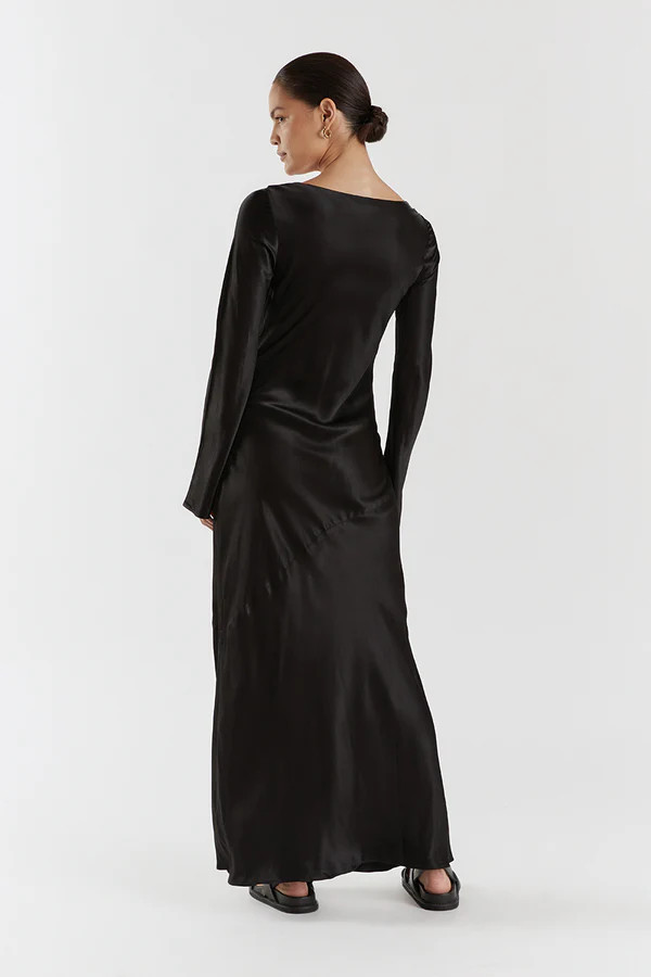 LEA BLACK SLEEVED SATIN MAXI DRESS | DISSH