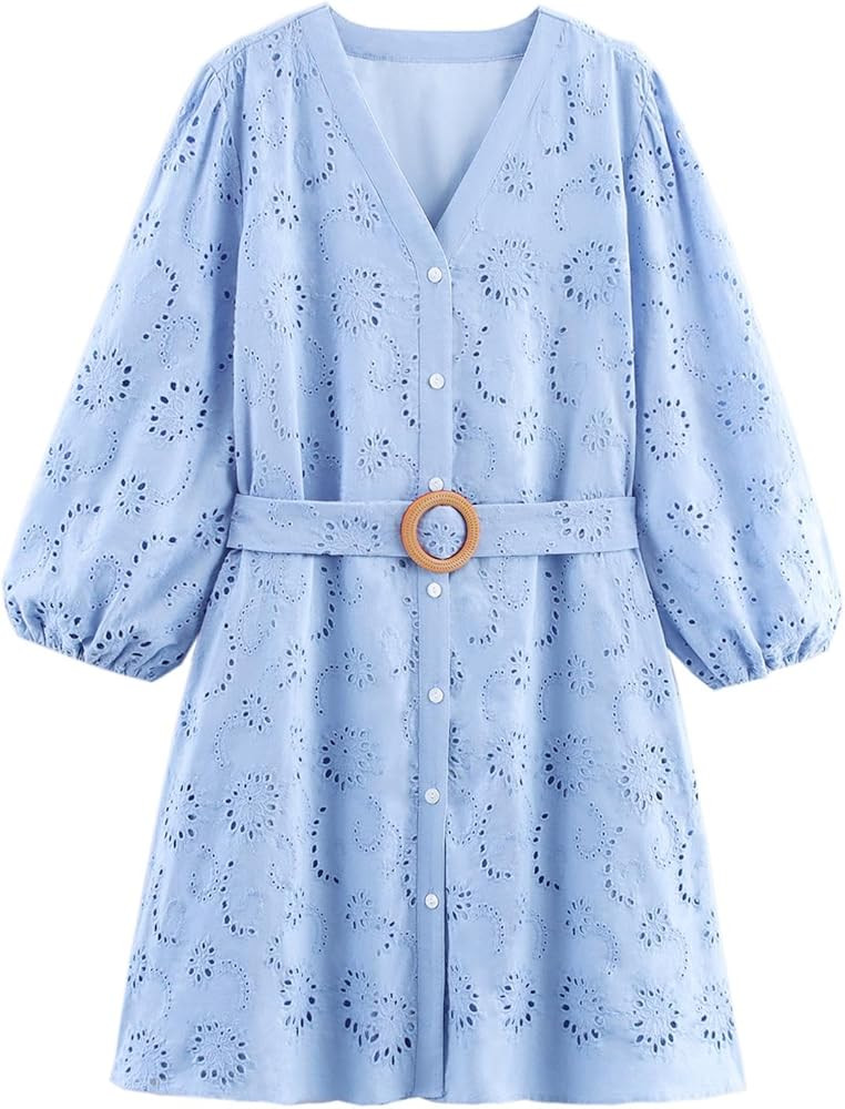 Women's Eyelet Long Sleeve Mini Dress Casual Cotton V Neck Button Down Loose Party Beach Fall Sho... | Amazon (US)