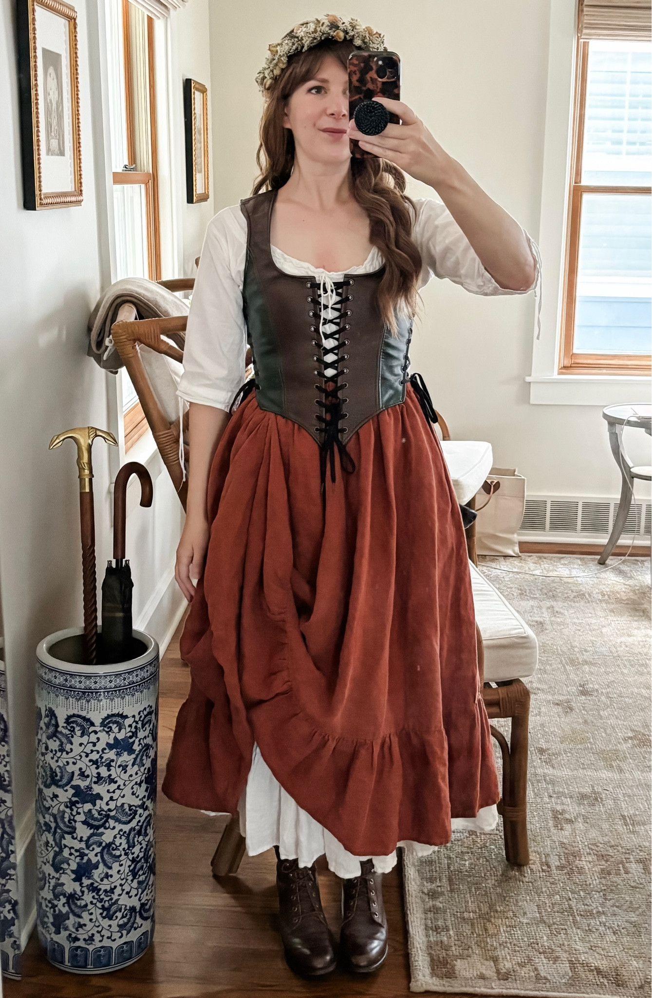 A renaissance or Outlander inspired Halloween costume! I made the skirt and petticoat a few years ago for every day use but it works so well for this costume! The floral crown is made of actual dried flowers and is literally the crowning touch. For reference I’m 5’4” and a 4/6 S/M

#LTKSeasonal #LTKHalloween #LTKHoliday