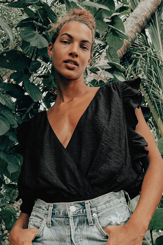 Smile Awhile Black Ruffled Surplice Bodysuit | Lulus (US)