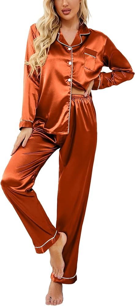 Ekouaer Women's Classic Button Down Long Satin Silk Pajama Set | Amazon (US)