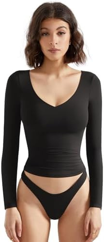 SUUKSESS Women Double Lined Casual V Neck Crop Tank Tops Basic Long Sleeve Shirts | Amazon (US)