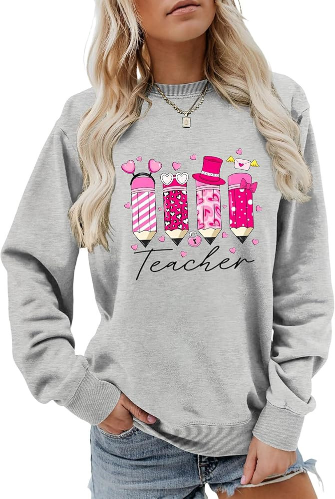 Teacher Valentines Sweatshirt Valentine's Day Pullover Teach Life Long Sleeve Shirt Women Casual ... | Amazon (US)
