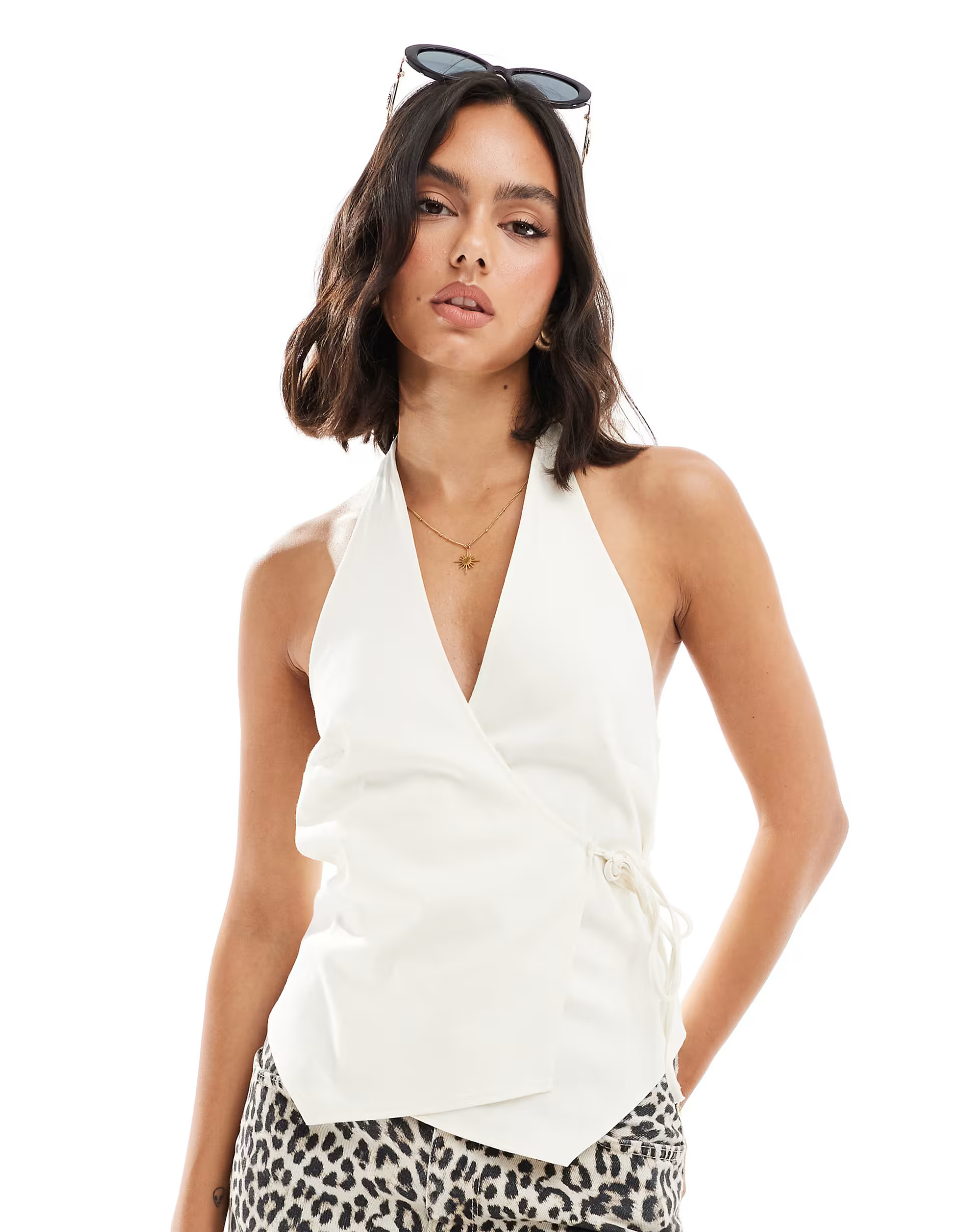 ASOS DESIGN wrap front halter waistcoat in cream | ASOS (Global)