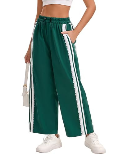 CITASHION Baggy Track Pants Women Green Pants Wide Leg Y2K Casual Drawstring Striped Lace Side Workout Green M | Amazon (US)