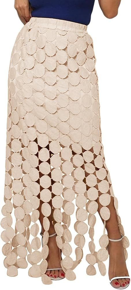Flygo Womens Maxi Skirt 2025 Summer Boho Hollow Out Fringe Hem High Waisted Lace Long Skirts for ... | Amazon (US)