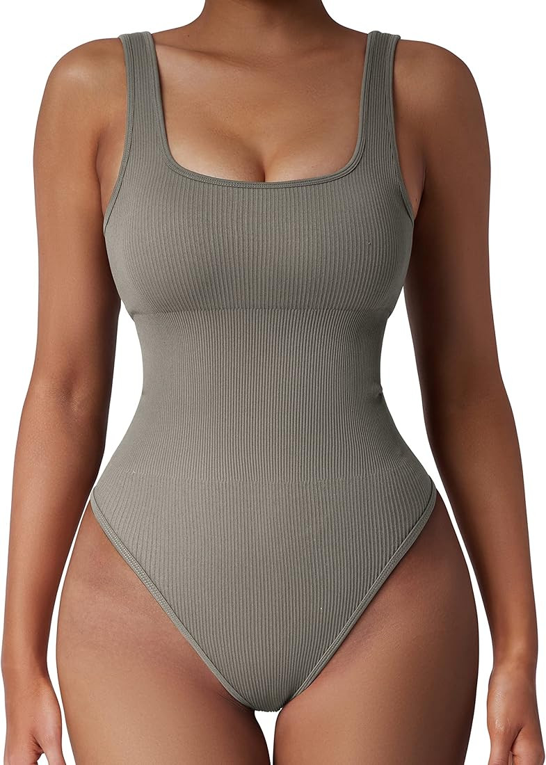 SUUKSESS Women Ribbed Sexy Bodysuit Sleeveless Square Neck Padded Tank Top | Amazon (US)