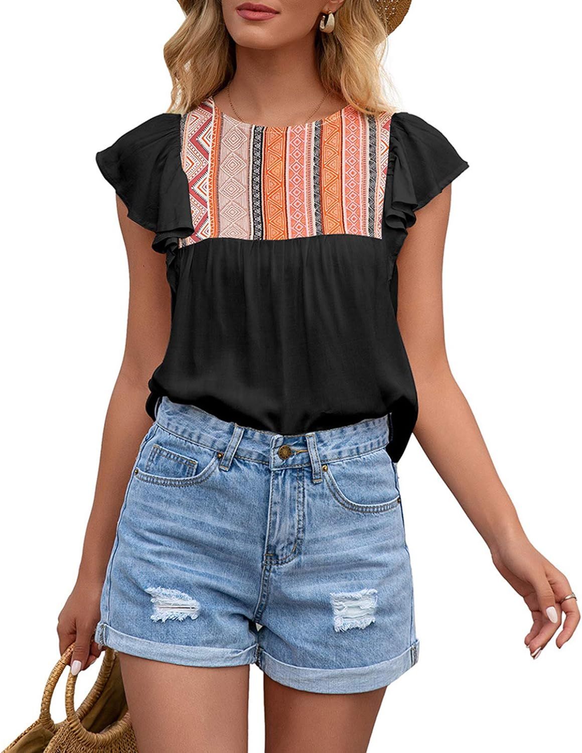 Mansy Womens Summer Cute Boho Tops Ruffle Short Sleeve Shirts Casual Trendy Crewneck Bohemian Gra... | Amazon (US)