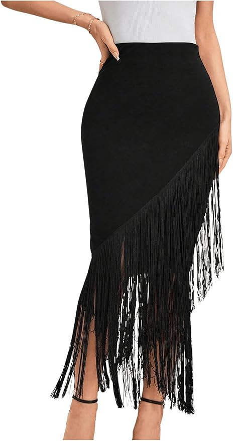 OYOANGLE Women's Fringe Trim Asymmetrical Hem High Waisted Party Pencil Long Maxi Skirts | Amazon (US)