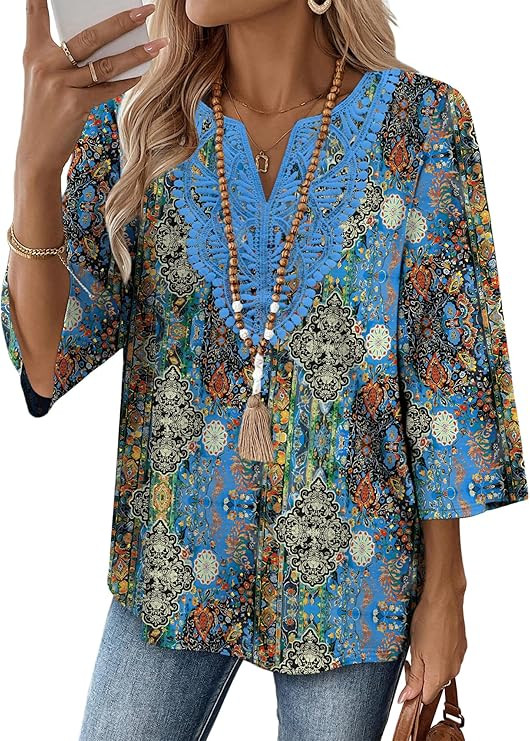 WIHOLL 3/4 Length Sleeve Womens Tops Boho V Neck Lace Shirt Trendy Blouses Dressy Casual Vacation... | Amazon (US)