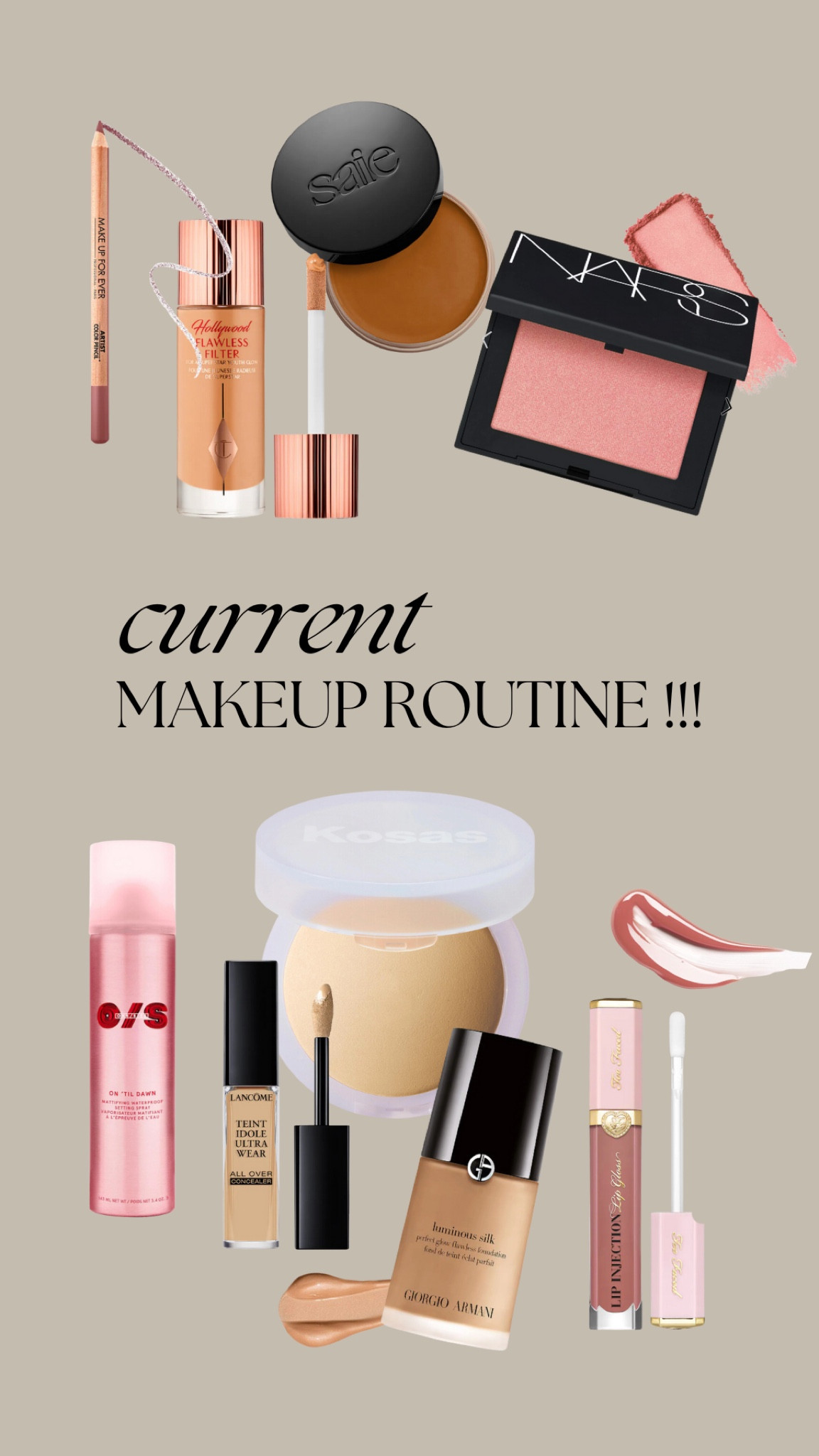 - drunk elephant luxury facial oil 
- elf brow lift
- charlotte tilbury flawless filter / shade 4 or 4.5
- giorgio luminous silk foundation / shade 6.5 or 8 
- lancôme all over concealer / shade 260 bisque 
- kosas cloud set / shade pillowy 
- said sun melt / medium bronze 
- dibs status stick / shade 5.5 code: “ALEXH” 
- milani baked blush / shade luminoso 
- nars blush / shade orgasm 
- kylie cosmetics loose setting powder / shade fiji 
- too faced better than s*x mascara / shade brown 
- makeup forever lip liner / shade where ever walnut 
- too faced lip injection / shade wifey for lifey 
- one size setting powder 

(the rest in my amazon!!!) 

#makeuptutorial #makeupproducts #glowymakeup #makeupideas #glowyskin 

#LTKGiftGuide #LTKbeauty