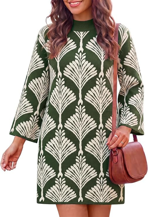 Wenrine Womens Sweater Dress Mock Neck Bell Sleeve Floral Knit Mini Dresses | Boho Floral Pattern... | Amazon (US)