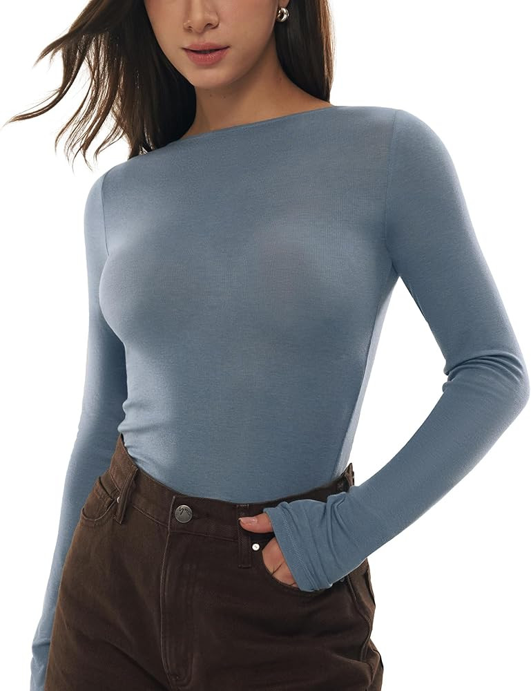 Women's Merino Wool Blend Shirts Boat Neck Long Sleeve Tops Fitted Basic Tee Cozy Embrace Collect... | Amazon (US)
