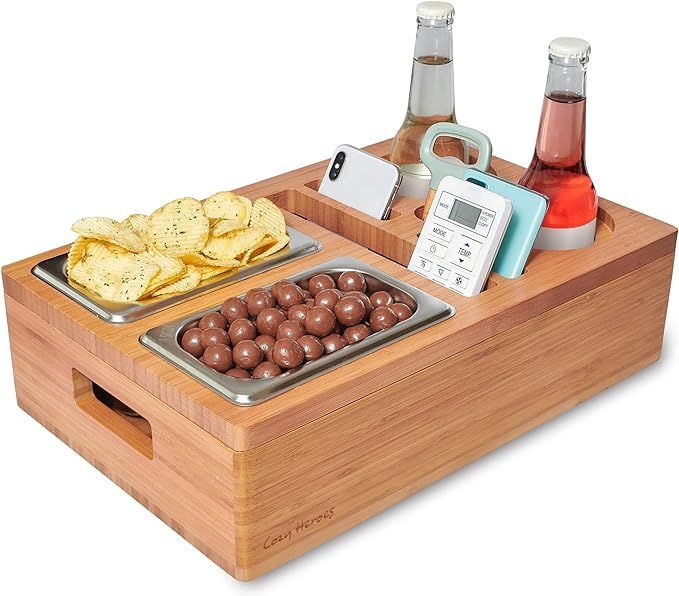 COZY HEROES Brown Unisex Couch Console Snack Tray, Drink Holder with Removable Lid, Fits Most Bev... | Amazon (US)