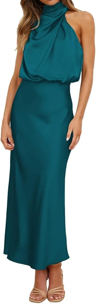 IDOPIP Women Elegant Satin Dress Sleeveless Halter Prom Party Gown Cocktail Bridesmaid Wedding Gu... | Amazon (US)