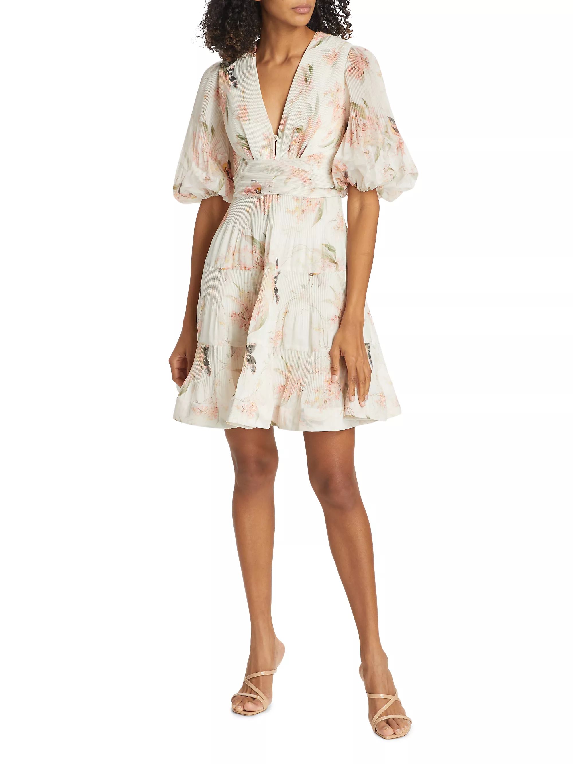 Floral Puff-Sleeve Pleated Minidress | Saks Fifth Avenue