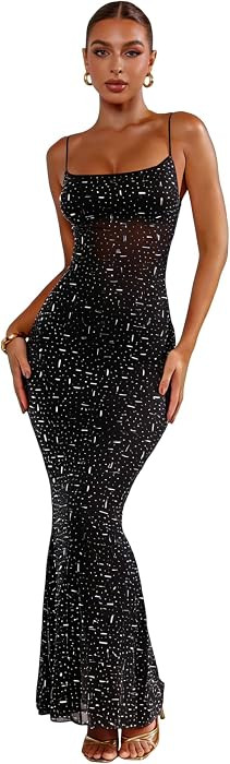 Women's Mesh Rhinestone Cover Up Dress Sparkle Beach Swimwear Coverups Shiny Crystal Sheer Maxi D... | Amazon (US)