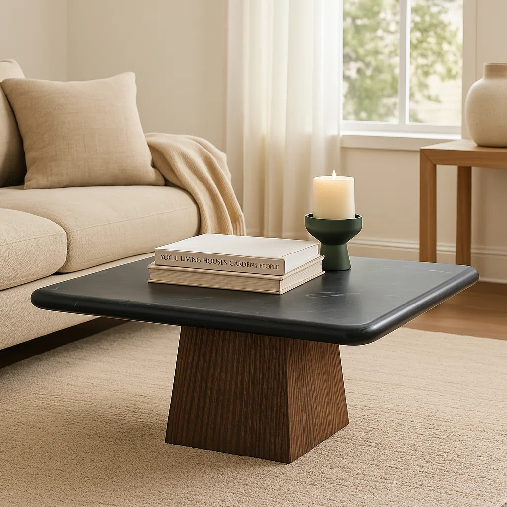 Latitude Run® Stone & Mango Wood Coffee Table Marble Top & Ribbed Wooden Base 32x17" Casual Home... | Wayfair North America