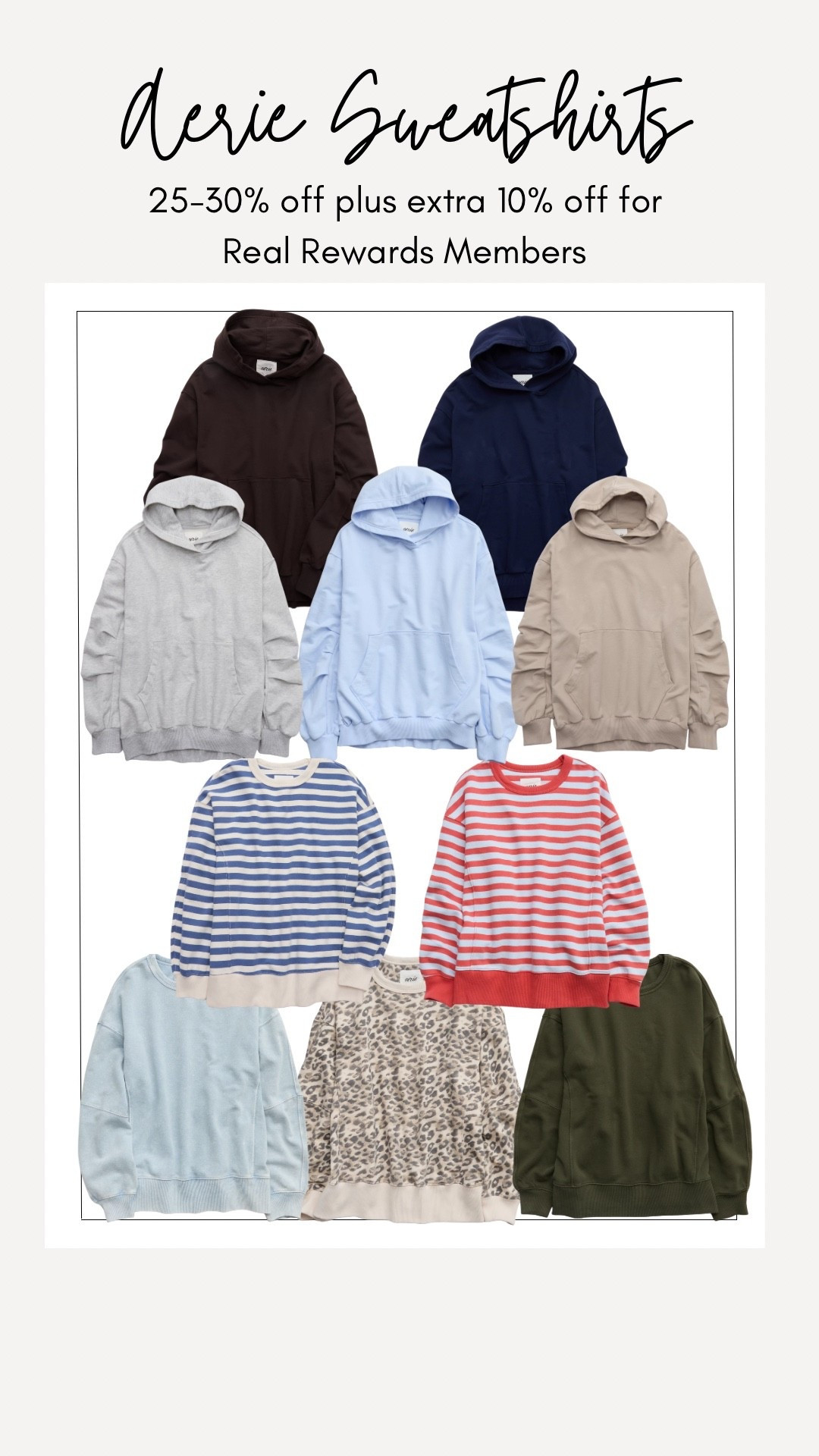 Aerie sweatshirts
Hoodie - tts for oversized fit, lap linked crewneck version and sweatpants
Sweatpants - tts, I’m 5’9” and wish they were an inch longer but that’s a personal preference, they hit me below the ankle but I have to wear them a little lower on the waist
Crewneck Go-To sweatshirt - tts for oversized 