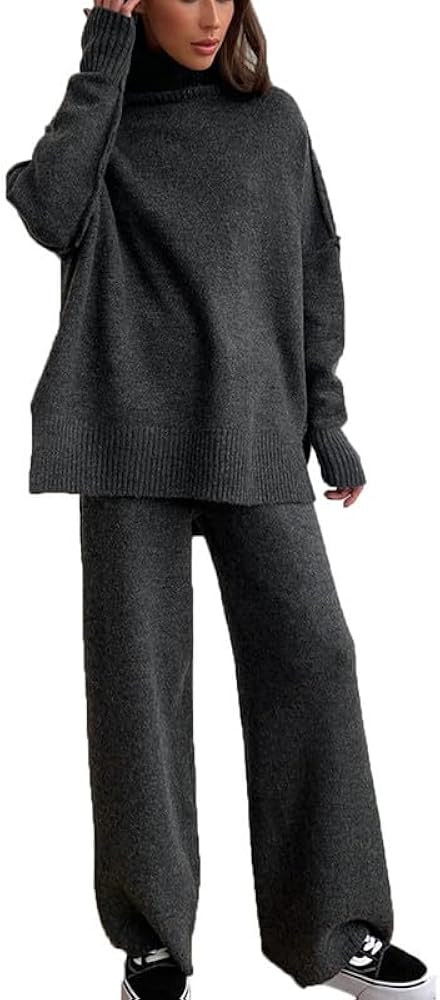 Womens High Neck 2 Piece Sweatsuit Set Long Sleeve Knit Pullover Sweater Tops Wide Leg Pants Sets... | Amazon (US)