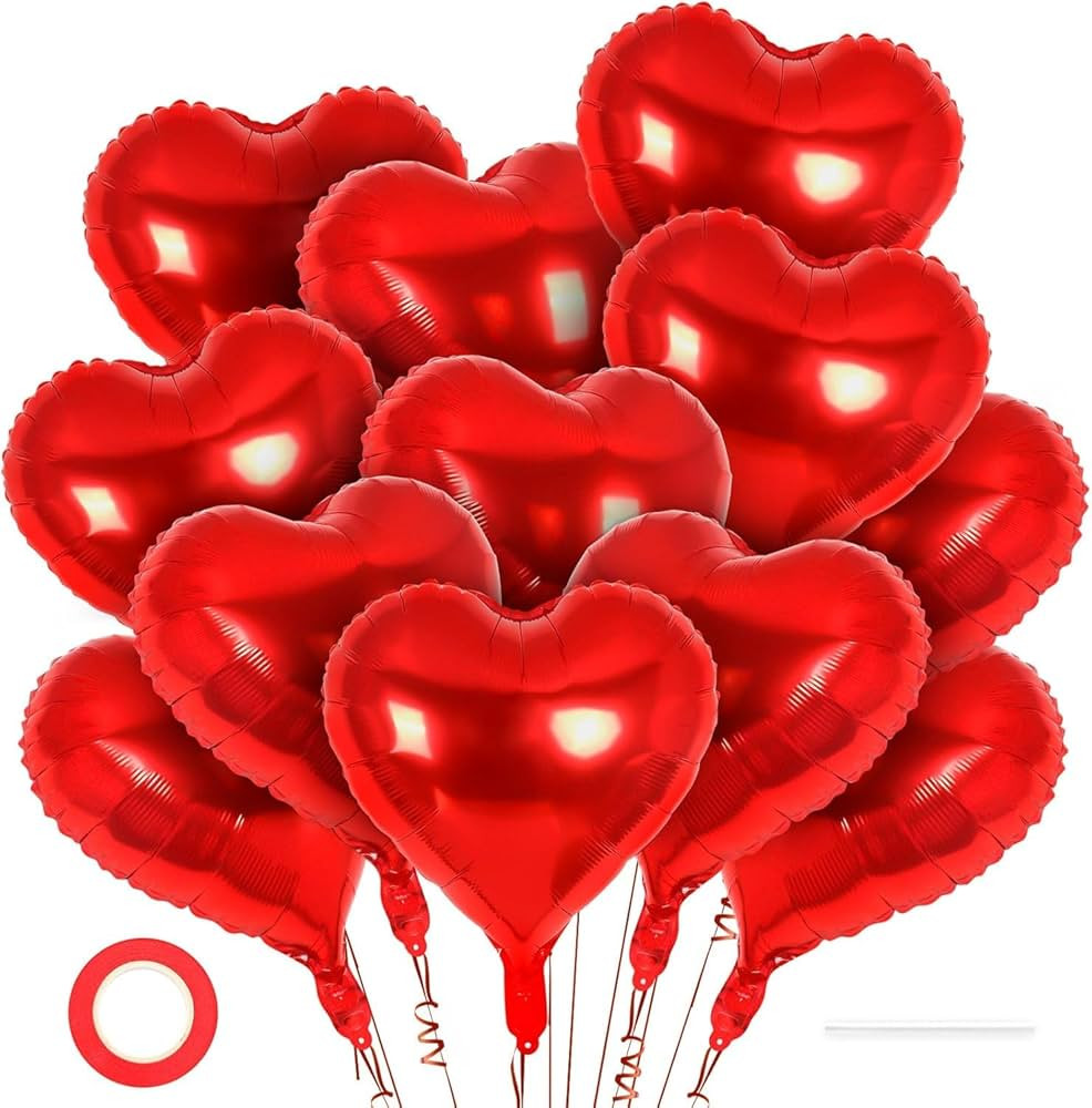 12 Pcs Red Heart Balloons,18 Inch Heart Foil Balloons Love Balloons Valentine Balloons for Birthd... | Amazon (US)