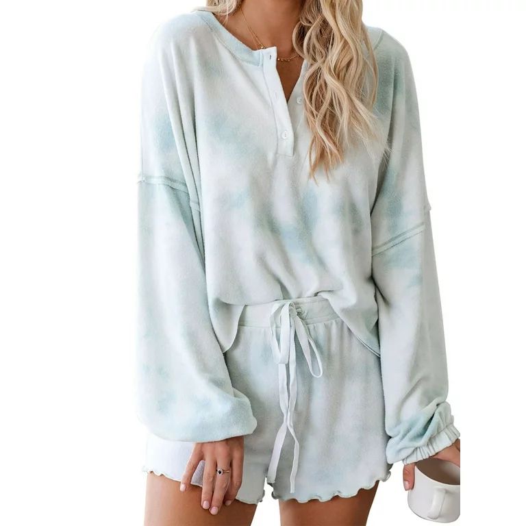 Selfieee Women's Summer Tie Dye Casual Outfits Long Sleeve and shorts 2 Piece Set 30002 Green X-L... | Walmart (US)